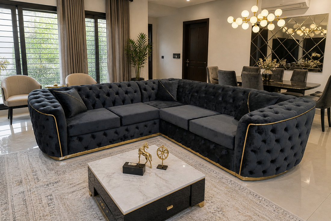 Toronto Chesterfield Corner Sofa Black & Gold