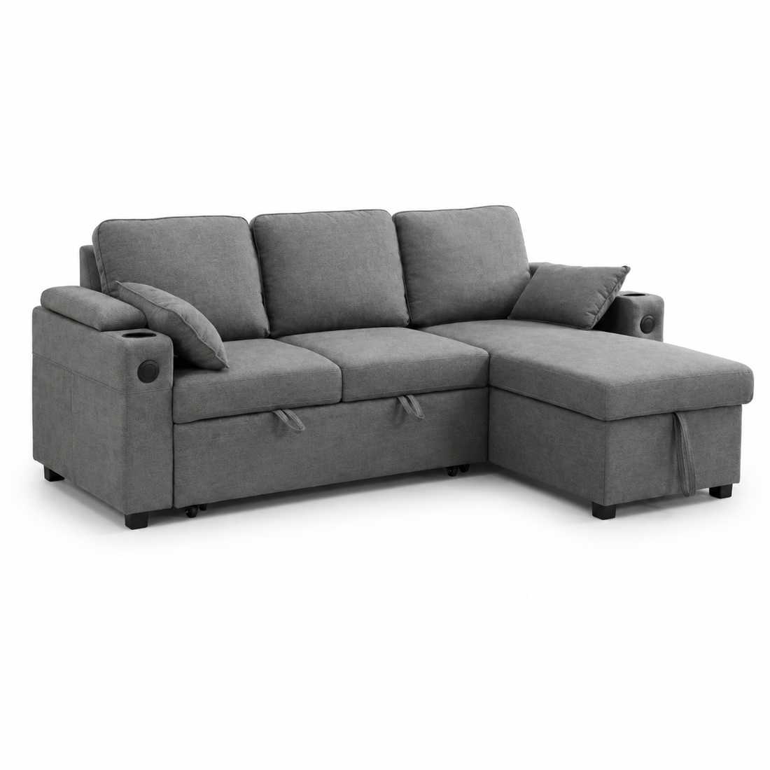 Francesca Sofa Bed (Universal) in Grey Fabric - USB - Storage - Cuphoders
