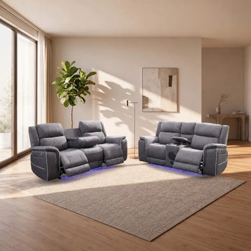 Hannah Electric Recliner 3+2 Seater Microfibre Grey Sofa Set with Bluetooth Speakers