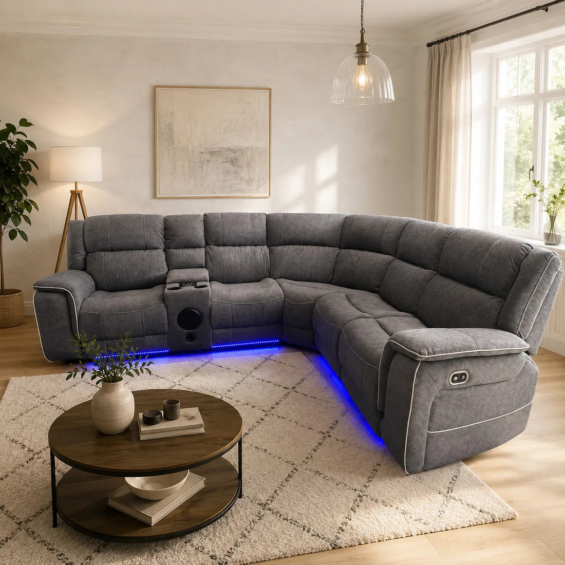 Hannah Microfibre Corner Electric Recliner Fabric Sofa Set with Bluetooth Speakers