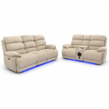 Lakelyn 3+2 Fabric Electric Recliner Beige/Grey Sofa Set with Bluetooth Speakers & Wireless Charging pads