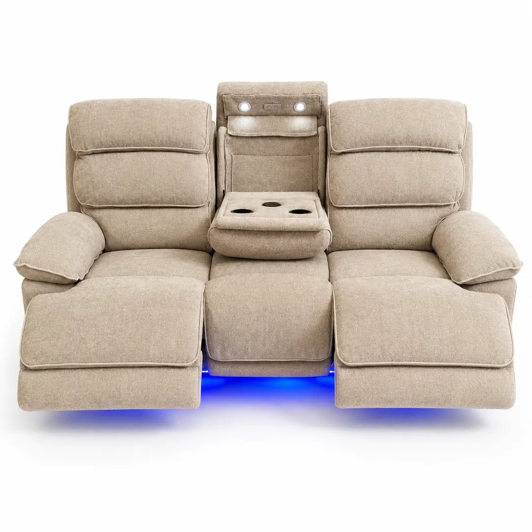 Lakelyn 3+2 Fabric Electric Recliner Beige/Grey Sofa Set with Bluetooth Speakers & Wireless Charging pads