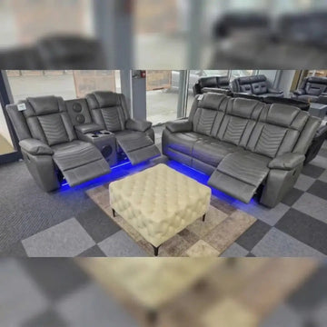 Michigan Leather 3+2 Seater Electric Recliner Sofa – LED Lighting, Cupholders