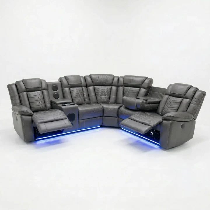 Michigan Zeus Leather Electric Recliners Corner Sofa With Cupholders - Bluetooth Speakers