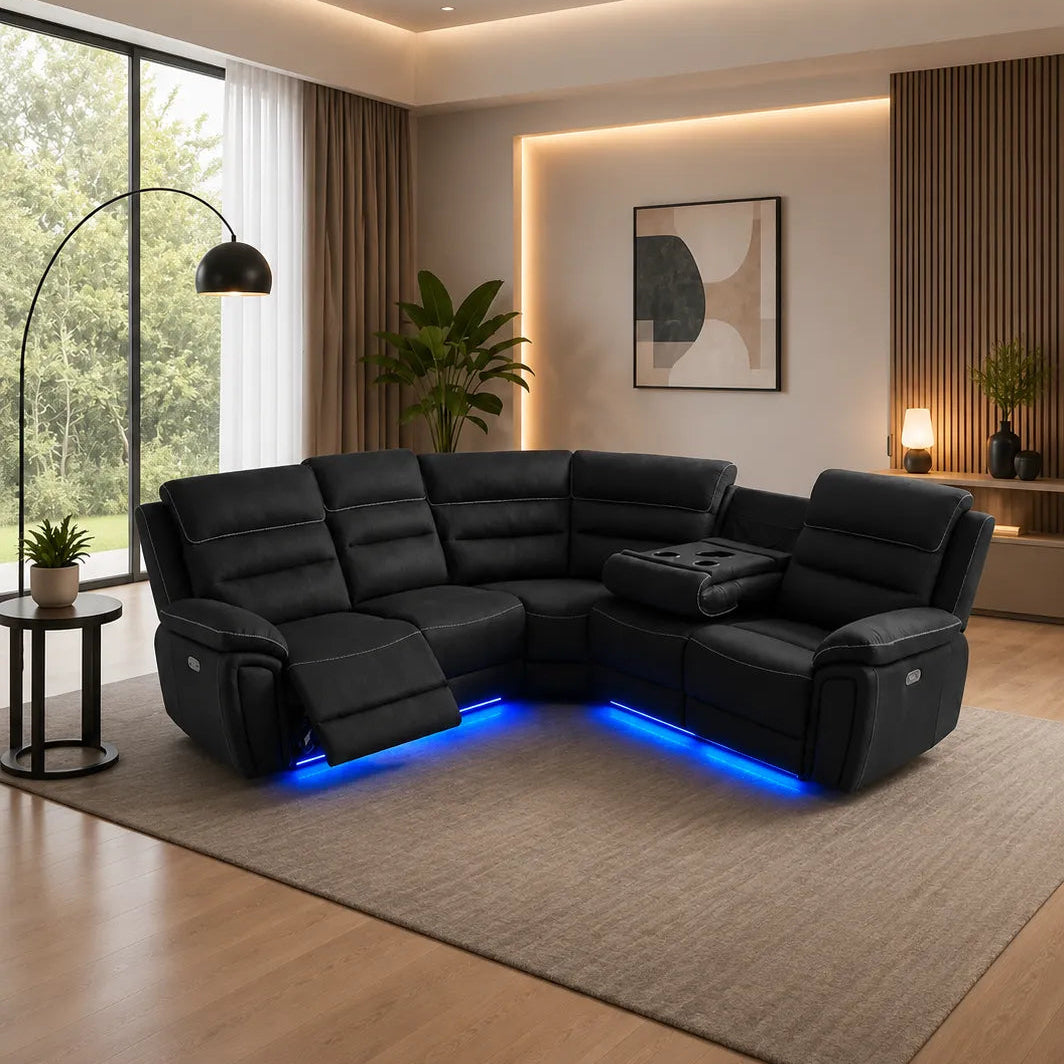 Milano Fabric Electric Recliner Corner Sofa Set – LED Lighting, Wireless Charging & Cup Holders