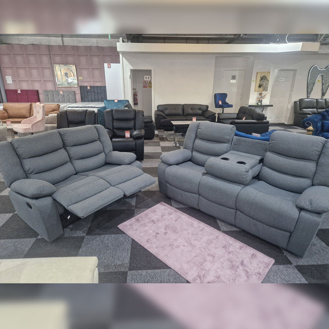 Sorrento Fabric Reclining Sofa, Grey Fabric, 3+2 Seater with Cup Holders