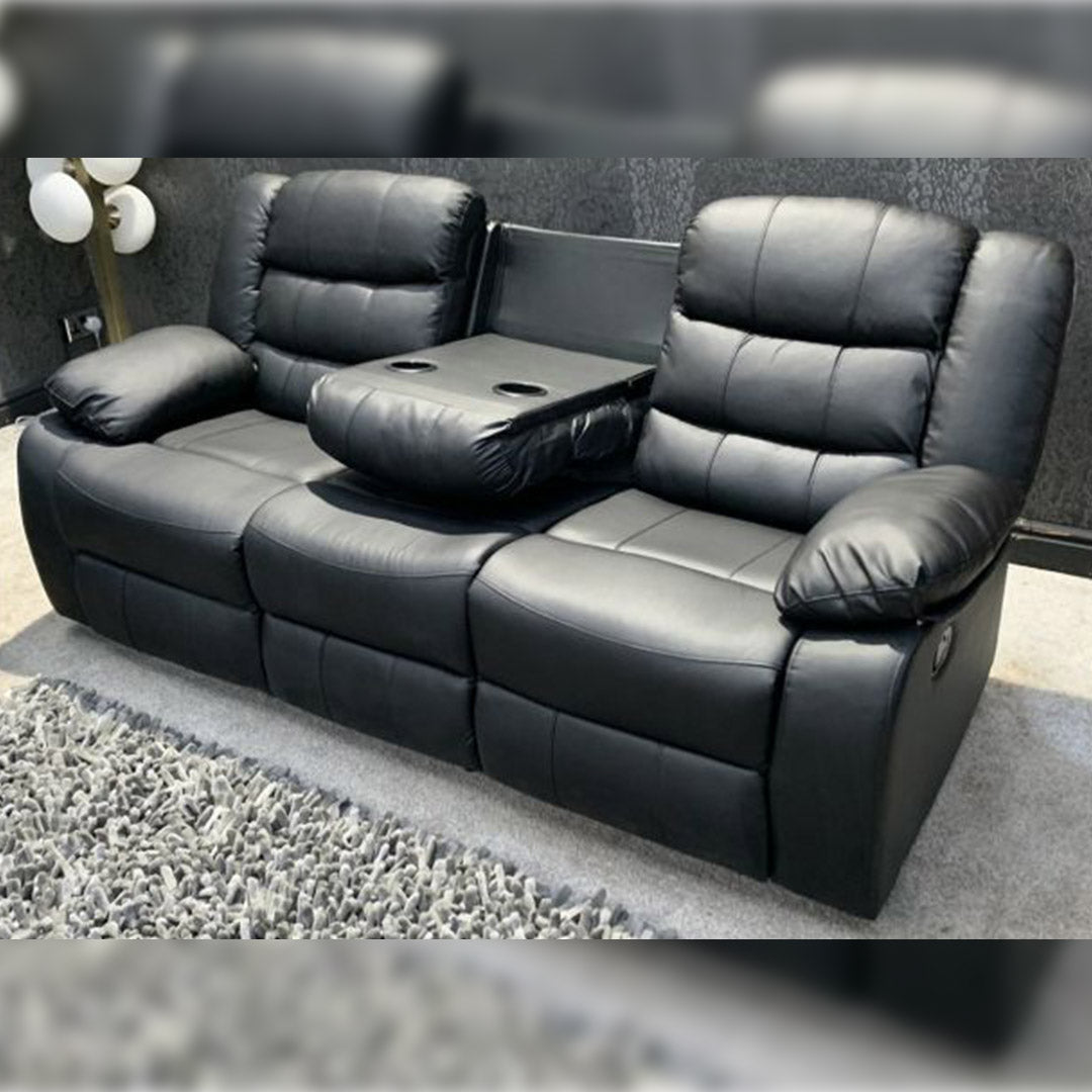 TSH Leather Recliner Sofa with Cupholders - 3+2 Seater Sofa - Black (3+2 Seater) (107)