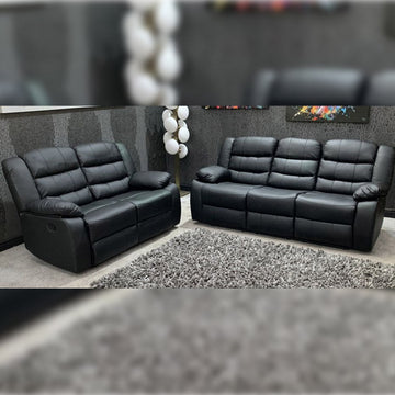 TSH Leather Recliner Sofa with Cupholders - 3+2 Seater Sofa - Black (3+2 Seater) (107)