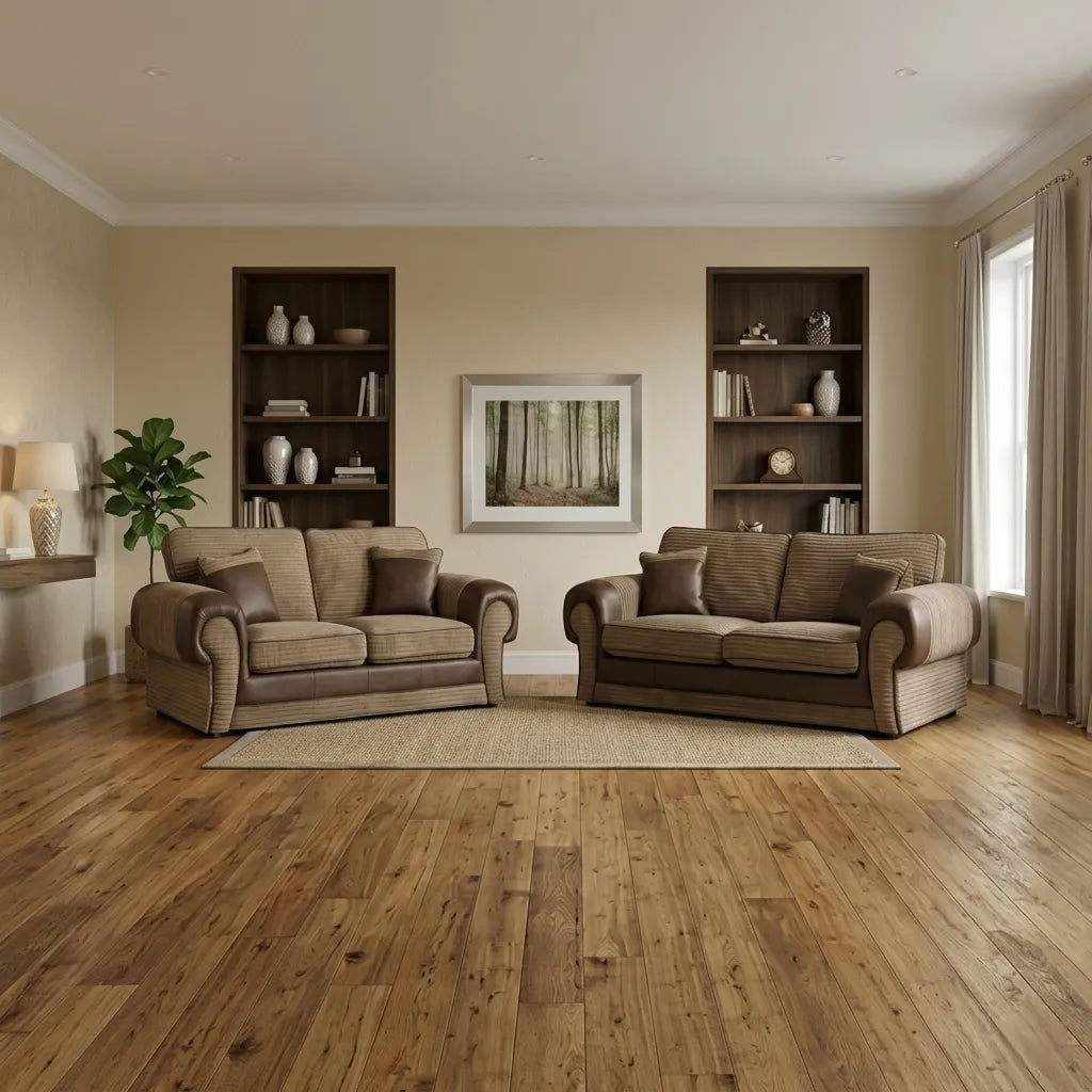 Berlin Jumbo Cord Fabric 3+2 Seater Sofa with Leather