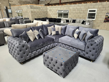 Ashton Chesterfield Corner Sofa - Steel Plush Fabric