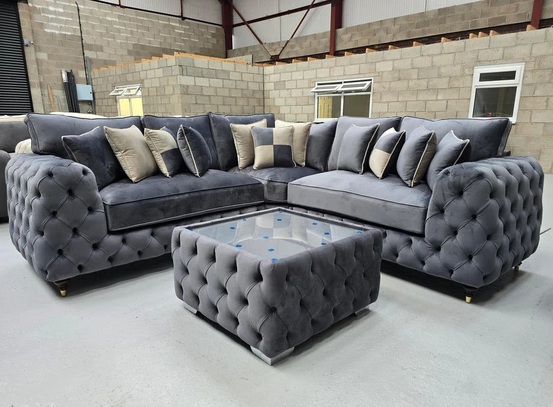 Ashton Chesterfield Corner Sofa - Steel Plush Fabric