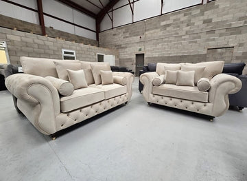 3+2 Seater Rio Chesterfield Sofa Set - Cream Plush Fabric