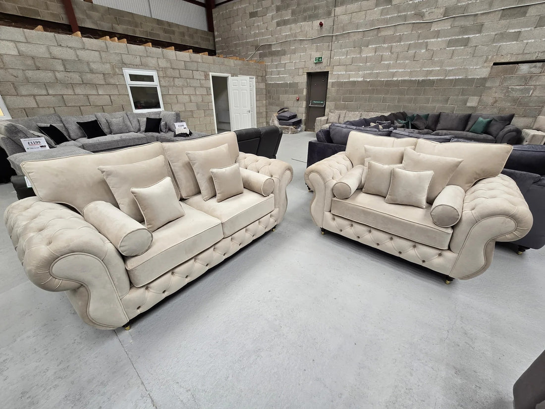 3+2 Seater Rio Chesterfield Sofa Set - Cream Plush Fabric
